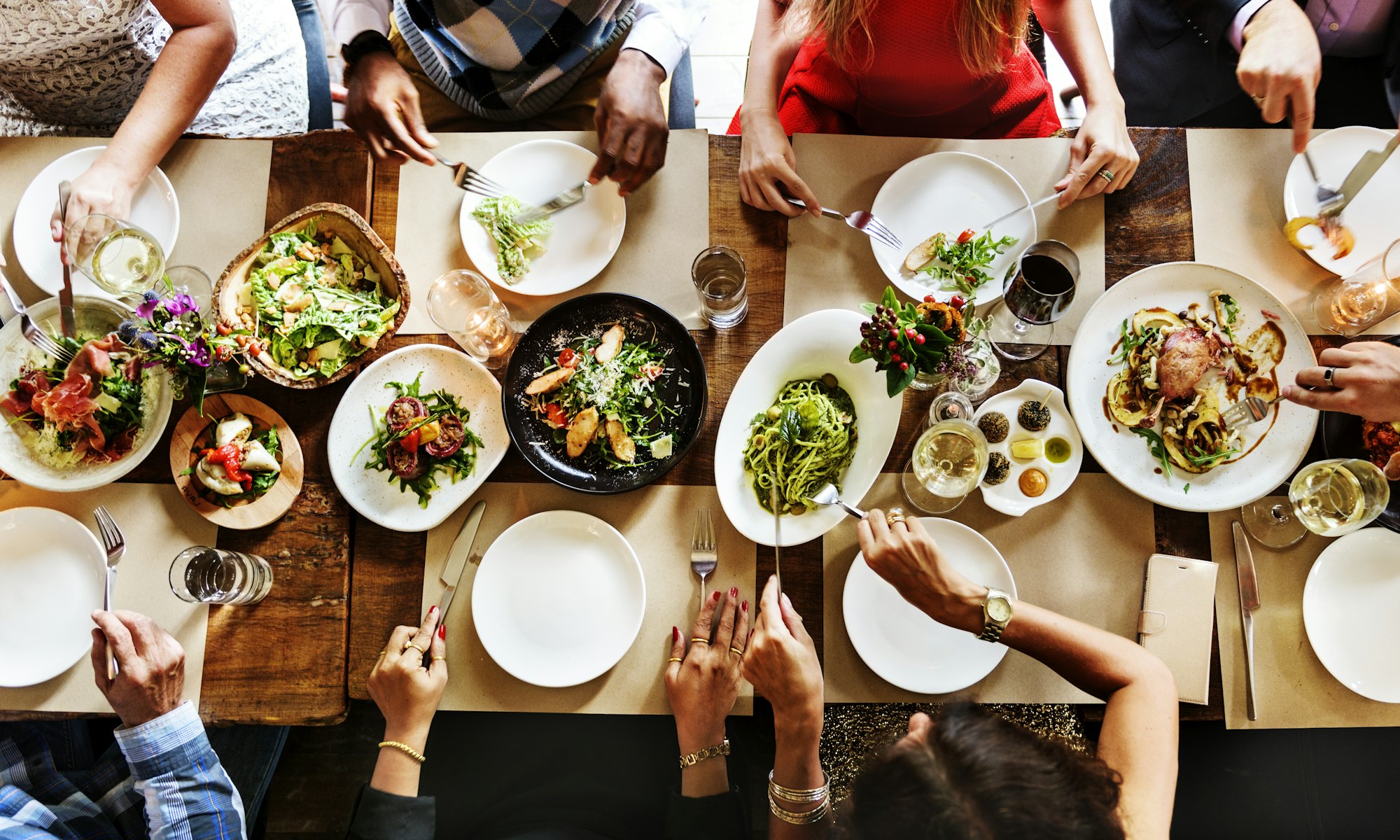 Aerial view of a table full of food